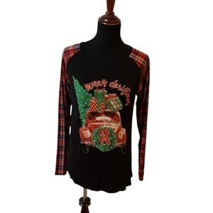 Color Bear Christmas Tree Red Truck Plaid Raglan Tee Women’s Size Large